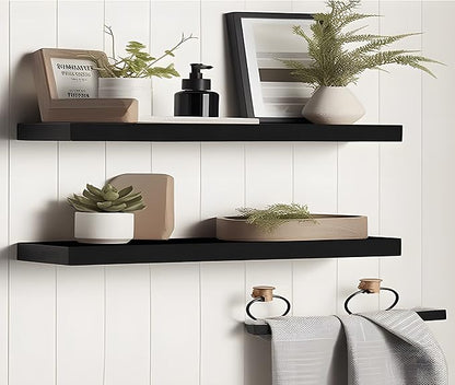 24 Inch Black Wood Floating Shelves for Wall Rustic Wall Shelf for Bedroom Living Room Set of 4
