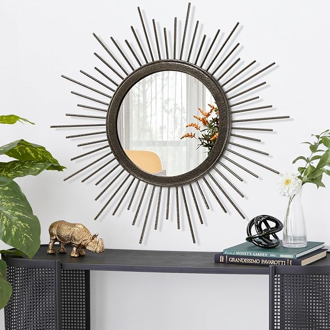 Large Sunburst Wall Mirror, Round Home Modern Metal Art Mirror for Bathroom Living Room Hallway Bedroom Balcony Farmhouse 24
