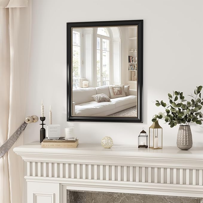 Axeman 28x36 Rectangular Wall Mirror, Decorative Bathroom Mirror, Traditional Vintage Wall Mounted Mirror with Beaded Frame for Accent Living Room Vanity Bedroom Entryway, Black