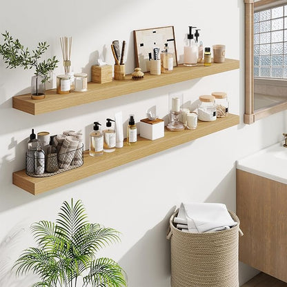 Fun Memories 55 Inch Floating Shelves Bedroom, Large Extra Floating Shelf Set of 2 with Invisible Brackets, Oak