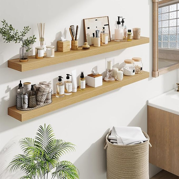 Fun Memories 55 Inch Floating Shelves Bedroom, Large Extra Floating Shelf Set of 2 with Invisible Brackets, Oak