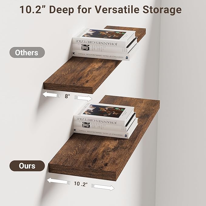 Vivelove 10 Inch Deep Floating Shelves 24 inch Long, 24 x 10 Wide Wall Shelves with Invisible Brackets, for Bedroom Bathroom Living Room Kitchen Office, Farmhouse Home Decor, Set of 2, Rustic Brown