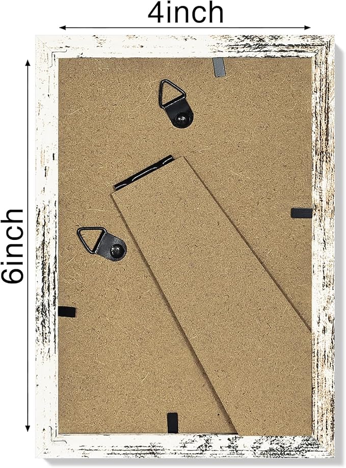 Vittanly 4x6 Picture Frame Set of 4, Display Pictures 3.5x5 with Mat or 4x6 without Mat, Engineered Wood with Shatter Resistant Plexiglass, Small Photo Frames for Wall or Tabletop, Distressed White