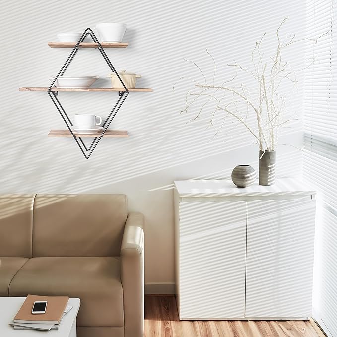 Modern Wooden Floating Wall Shelf Decor for Wall Storage – Geometric Design Decorative Wall Mount 3-Tier Hanging Shelf Plant Display for Bedroom, Living Room, Bathroom, Kitchen
