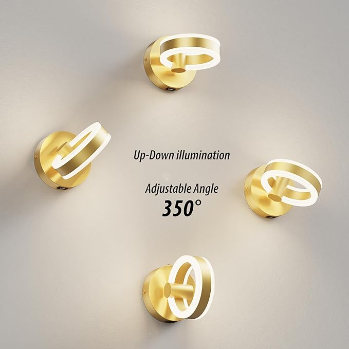 LED Wall Sconces with ON/Off Switch, Gold Rotatable Hardwired Wall Light Fixtures, Built in USB Charging Port, Modern Wall Decor for Bed Lighting.
