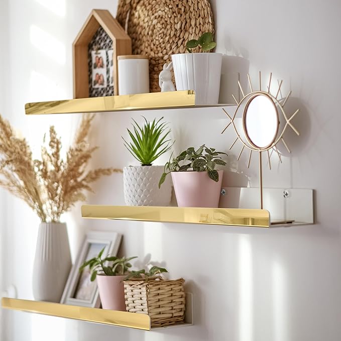 2 Pack 24 Inch Gold Reflective Acrylic Shelves, Gold Foating Shelves, Modern Sunglasses Essential Oil Picture Ledge Display Toy Storage Shelf