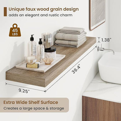 40in Floating Shelves for Wall, 40"W x 9.25"D x 1.25"H, 2 Pack Long Wall Mounted Engineered Wood Shelves with Invisible Brackets for Living Room, Bedroom, Bathroom, Kitchen Decor and Storage, Grey