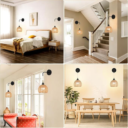 Boho Wall Sconce with Remote,Rattan Battery Operated Wall Sconces Set of 2,15 Colors Dimmable Wireless Wall Light Indoor,Rechargeable Battery Wall lamp for Bedroom, Living Room, Entryway