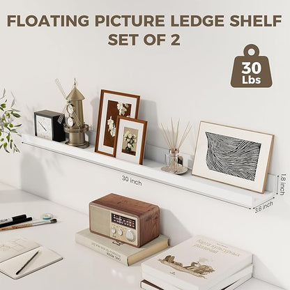Axeman 30 Inch Floating Shelves | Picture Ledge Shelf Set of 2 | White Wall Shelves with Lip | White Picture Shelf for Wall with Ledge | Photo Ledges 30 Inch