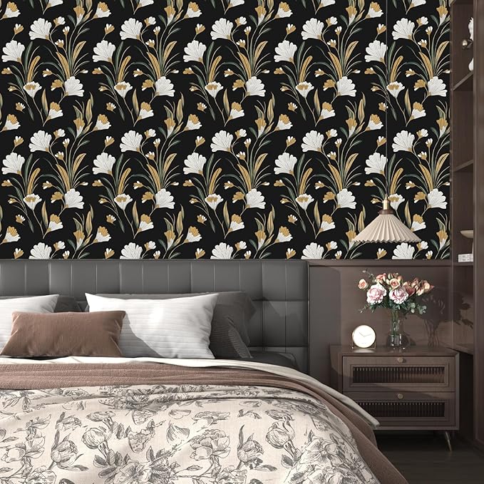 Black Gold Peel and Stick Wallpaper White Floral Contact Paper 17.5in x 118in Dark Vintage Plants Lines Flower Self Adhesive Waterproof Removable for Room Shelves Cabinet Drawer Table Decor