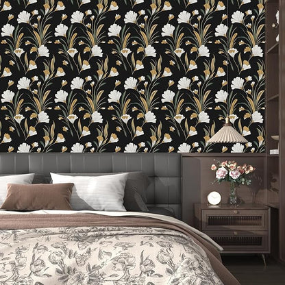 Black Gold Peel and Stick Wallpaper White Floral Contact Paper 17.5in x 118in Dark Vintage Plants Lines Flower Self Adhesive Waterproof Removable for Room Shelves Cabinet Drawer Table Decor