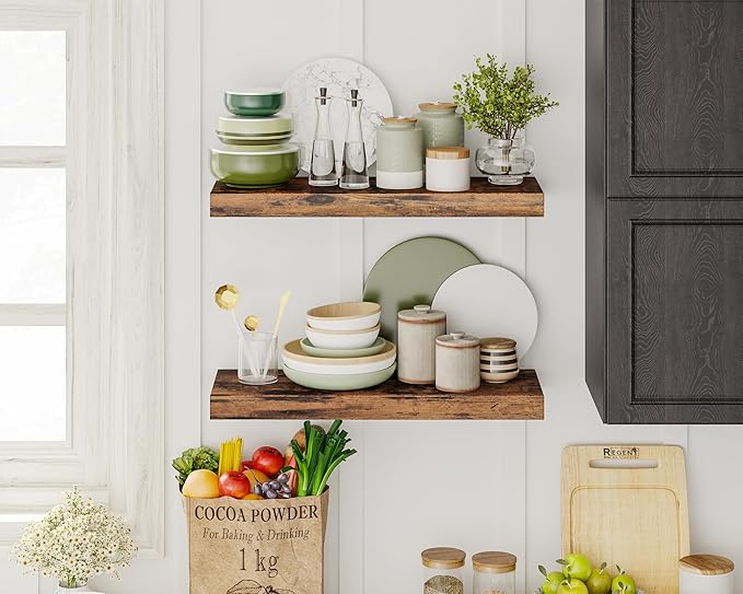 Fixwal 15.8in Floating Shelves, Set of 6 Wood Shelves, Farmhouse Shelf Wall Decor for Bathroom, Bedroom, Living and Kitchen Room (Rustic Brown)