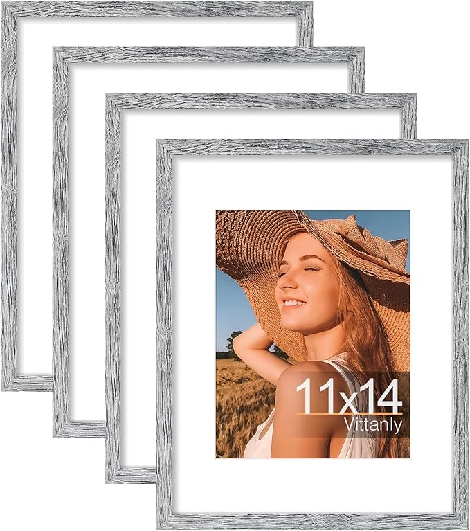 Vittanly 11x14 Picture Frame Set of 4, Display Pictures 8x10 with Mat or 11x14 without Mat, Engineered Wood with Shatter Resistant Plexiglass, Wall Gallery Photo Frames for Wall or Tabletop, Grey