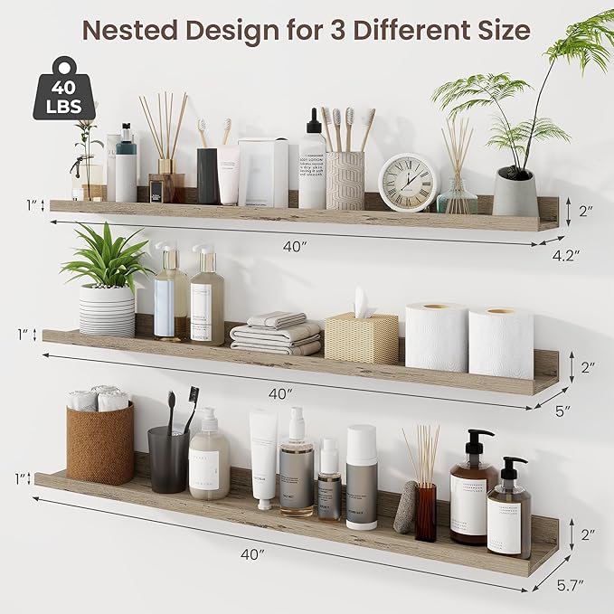 Axeman 40 Inch Floating Shelves | Grey Picture Ledge Shelf Set of 3 | Rustic Grey Wood Wall Shelves with Lip | 40