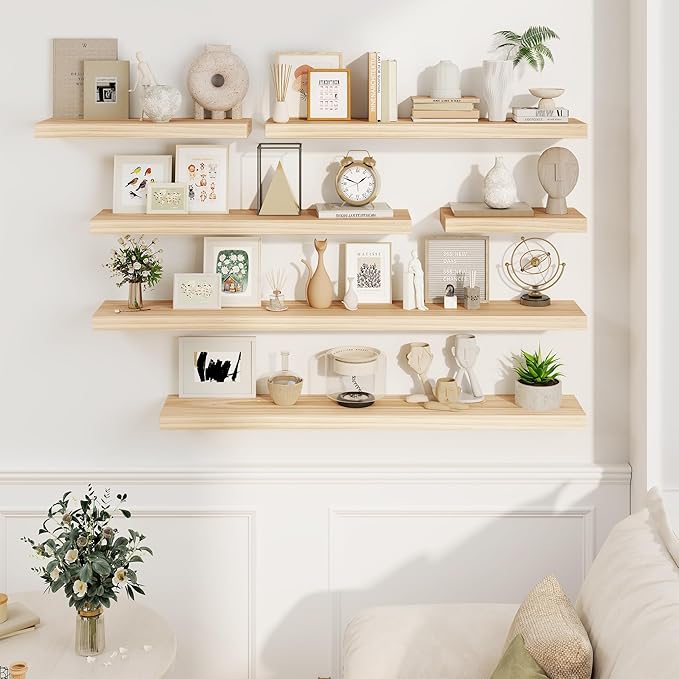 Fun Memories Wood Floating Shelves Set of 2, Rustic Pine Wood Floating Shelves for Wall Mounting, Wide Wall Shelf for Home Decor and Storage, 24" W x 7" D, Natural Unfinished, DIY Stain