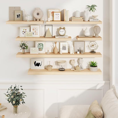 Fun Memories Wood Floating Shelves Set of 2, Rustic Pine Wood Floating Shelves for Wall Mounting, Wide Wall Shelf for Home Decor and Storage, 24" W x 7" D, Natural Unfinished, DIY Stain