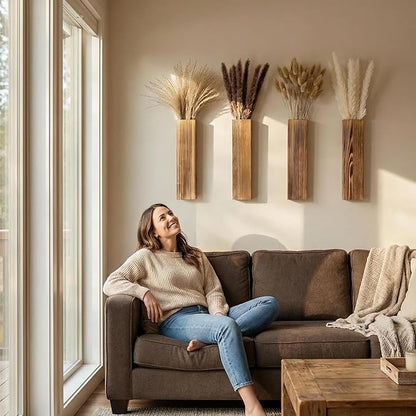 Sawoake 4-Piece Wooden Hanging Wall Vase Set with Pampas Grass and Eucalyptus Dried Flowers, Modern Farmhouse Home Decor for Living Room Entryway Bathroom Hallway Dining Room（Brown）