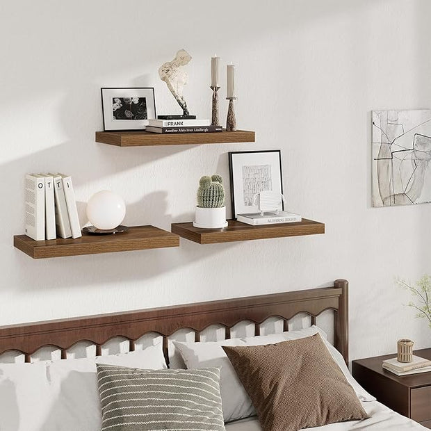 Fun Memories 24 x 12 Inch Deep Floating Shelves, 12 Inch Deep Rustic Wooden Book Shelf, Extra Deeper & Thicker Hanging Shelves for Living Room, Bathroom, Bedroom, Kitchen, Office, Set of 3(Walnut)