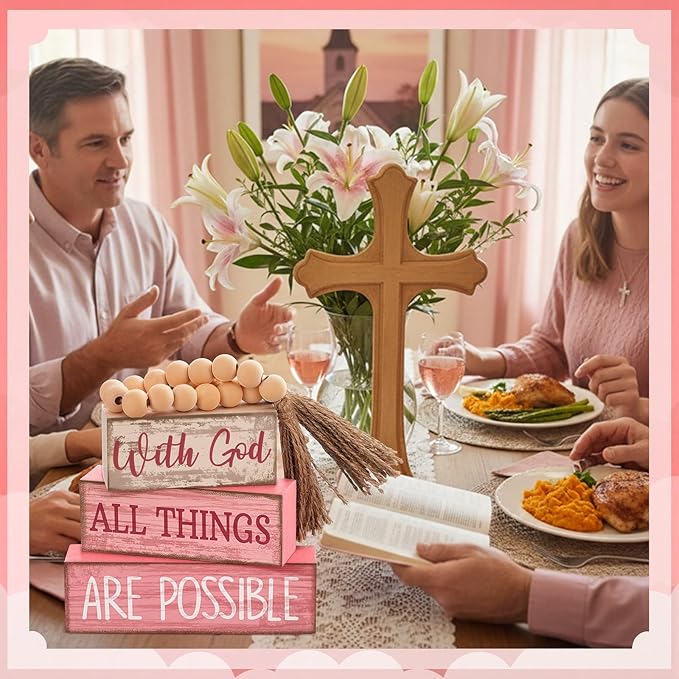 4 Pcs Christian Table Decor Pink Rustic Wooden Block Sign Set with God All Things are Possible Farmhouse Stacked Decor with Beaded Garland Tassel Christian Home Decors for Office, Shelf