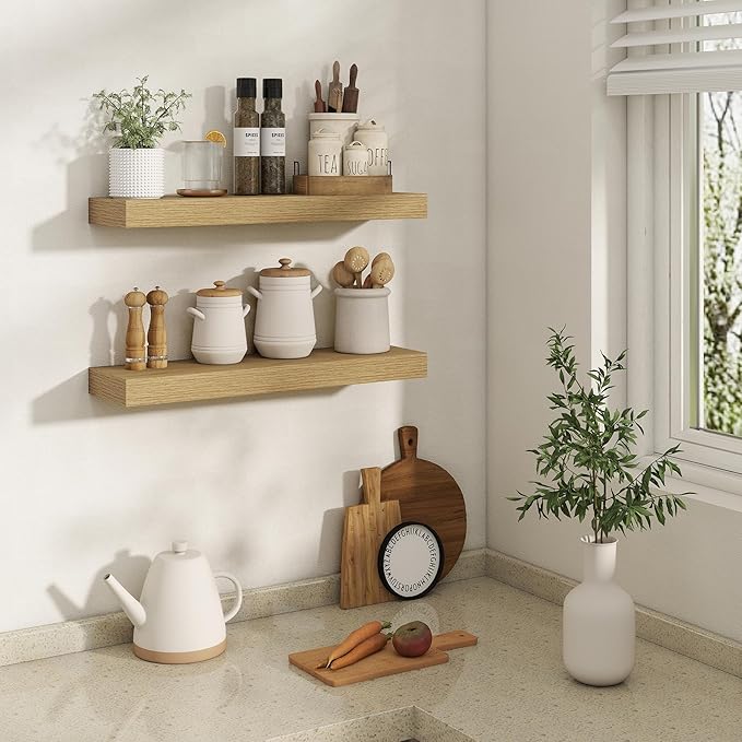 24 Inch Floating Shelves | 6.5 Inch Deep Oak Floating Shelves Set of 2 | 24" W x 6.5" D Rustic Oak Shelves with Invisible Brackets for Bathroom Living Room Bedroom