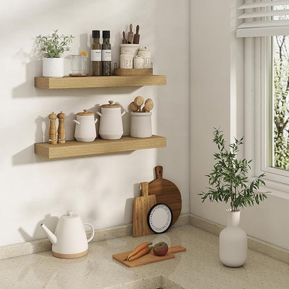 24 Inch Floating Shelves | 6.5 Inch Deep Oak Floating Shelves Set of 2 | 24" W x 6.5" D Rustic Oak Shelves with Invisible Brackets for Bathroom Living Room Bedroom