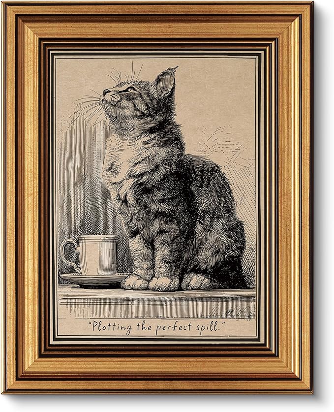 VIYYIEA Gold Small Framed Canvas Art, Vintage Cat Art Prints,8x10Inch, Retro Cat Lovers Decor for Home Bedroom Coffee Bar Office Shelf, Funny Animal Sketch Poster