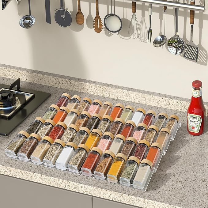 Spice Drawer Organizer 4 Tier, Acrylic Seasoning Organizer Rack, Clear Spice Rack Tray, Kitchen Seasoning Jars Drawers Insert (Jars Not Included/Expandable From 13
