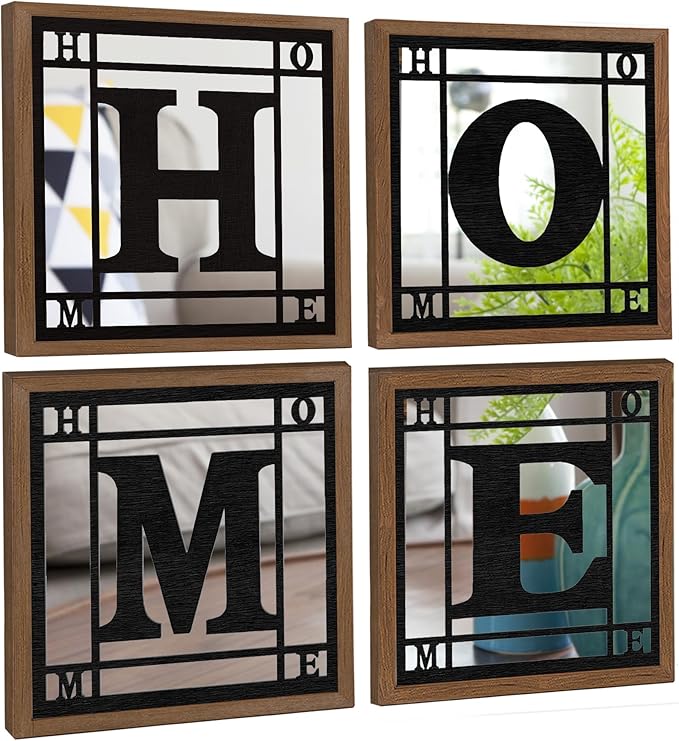 4 PCS Square Wall Mirrors, Rustic Farmhouse Accent Mirror， Home Wall Decor for Living Room, Bedroom, Bathroom & Entryway