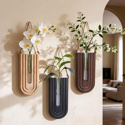 Wooden Wall Vase Set of 3, Propagation Vases Hanging Planters for Indoor Plants, Wall Mounted Vase Boho Modern Farmhouse Decor for Entryway Hallway