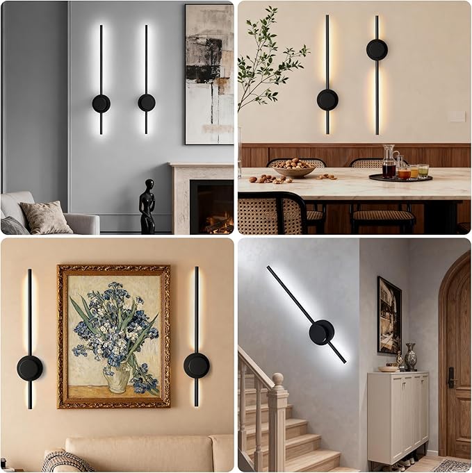Rechargeable Wall Sconce Lights with Remote, Battery Operated Wall Lights 3 Color Temperature, Dimmable Wireless Wall Lamp Black 70CM for Living Room Bedroom Hallway 2 Pack