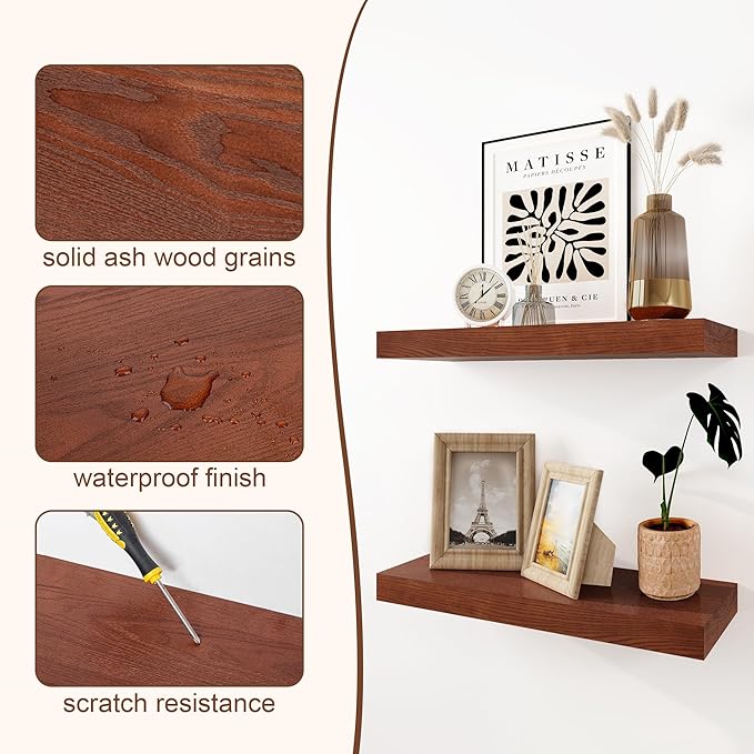 RICHFOCUS Floating Shelves for Wall | 48W x 9.3D Rustic Floating Shelves with Solid Ash Wood Veneer Set of 1 | Wood Wall Shelves with Upgraded Brackets | for Living Room Bathroom Home Office