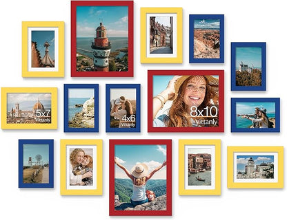 Vittanly 15 Pack Picture Frames Collage Wall Decor, Multi Sizes Including 3pcs 8x10, 6pcs 5x7 and 6pcs 4x6 Photo Frames, Gallery Frame Set for Wall or Tabletop Display, Red, Yellow and Blue