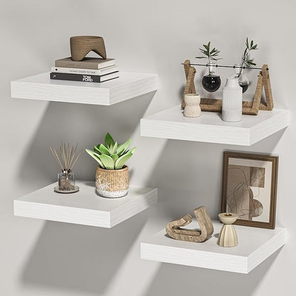 Square Floating Shelves for Wall, 10" W x 10" D x 1.4" H, Small Wooden Wall Mounted Display Shelves with Invisible Brackets for Living Room, Bedroom, Bathroom, Kitchen Decor, Set of 4, White