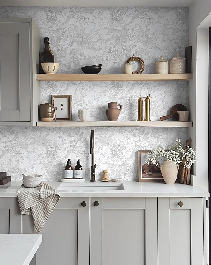 Ismoon Large Floral Peel and Stick Wallpaper Boho White/Grey Contact Paper 17.3inx32.7ft Removable Self Adhesive Bedroom Cabinet Mural Wall Decor Vinyl Roll