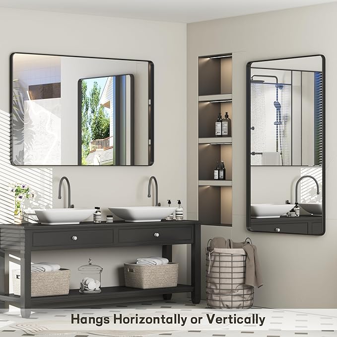 60x36 Inch Black Framed Bathroom Mirror for Wall, Large Matte Black Bathroom Vanity Mirror, Rounded Rectangle Mirror, Anti-Rust, Shatterproof, Hangs Horizontally or Vertically