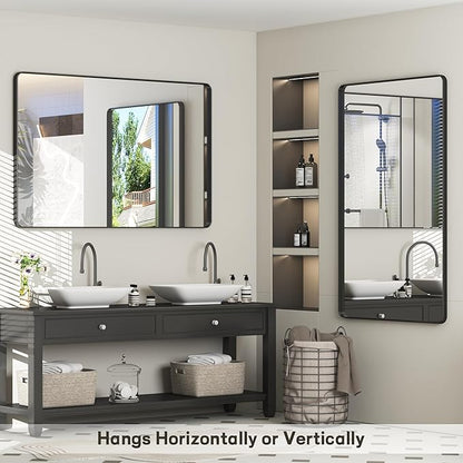 60x40 Inch Black Matte Framed Bathroom Mirror for Wall, Rounded Corner Rectangle Vanity Mirror, Tempered Glass, Anti-Rust, Shatterproof (Horizontal/Vertical)