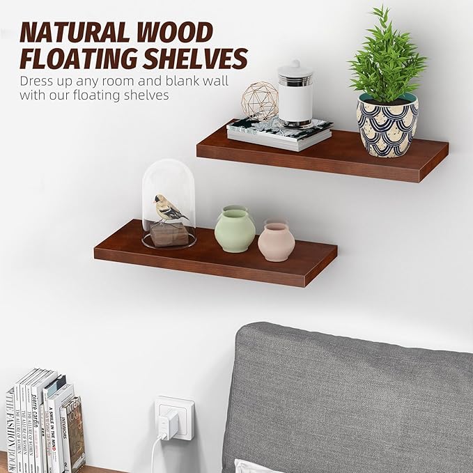 Floating Shelves (Set of 2) – Wall Mounted Shelves for Home Décor and Storage, Natural Pine Wood, Suitable for Living Room and Bedroom (Brown, 15.7