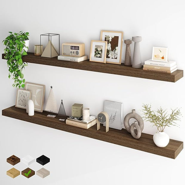 Fun Memories 66 Inch Fireplace Mantel - Long Floating Shelf, Wall Mounted Farmhouse Display with Invisible Heavy Duty Metal Bracket, Walnut, 2 Pack