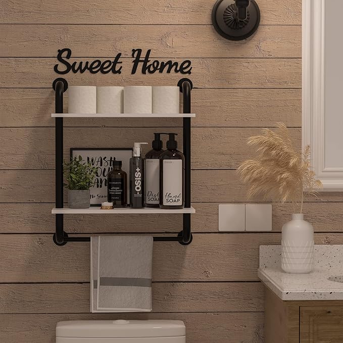 Bathroom Shelves Wall Mounted, Rustic Farmhouse Pipe Shelves 2-Tier, Floating Shelf Wall Decor for Bathroom, Kitchen, Bedroom, Living Room Thanksgiving Day 17.3in White