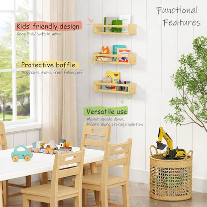 Floating Nursery Book Shelves for Wall, Natural Wood Wall Bookshelf for Kids Room Bedroom, Small Wooden Hanging Baby Book Shelf and Toy Organizer for Nursery Girl Boy Toddler Child - Set of 3