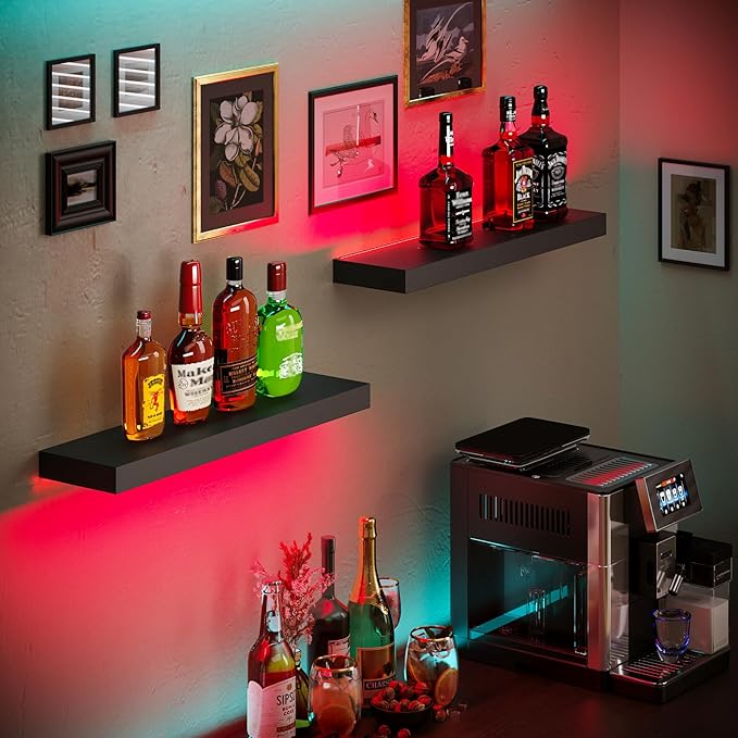 BAMEOS Floating Shelves with LED for Wall, Sturdy Shelves with RGB Light, Wall Mounted Display Shelves, Set of 2, Hanging Shelf for Bathroom, Bedroom, Kitchen, Living Room Storage, Black