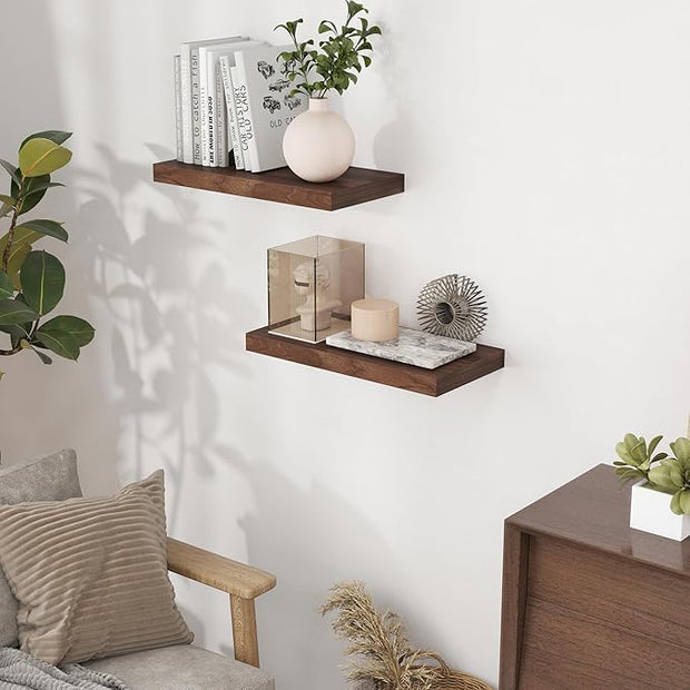 Fun Memories 16 Inch Long Floating Shelves, 9.3 Inch Deep Floating Shelf for Wall, Living Room, Kitchen, Rustic Deep Wood Shelves for Bathroom, 2 Pack Storage Display Shelf for Books, Decor, Walnut