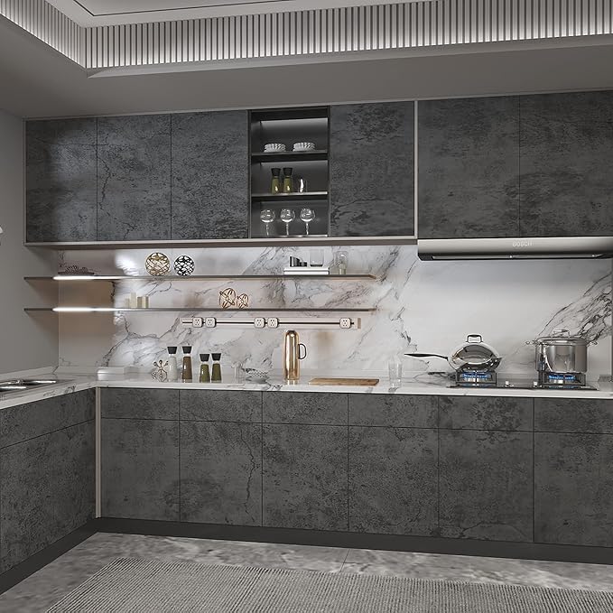 16"×197" Extra Thick Dark Blue Grey Concrete Wallpaper Peel and Stick Waterproof Gray Concrete Contact Paper Vinyl Wrap 3d Faux Adhesive Cement Tile Sticker for Kitchen Island Bedroom Gym Walls