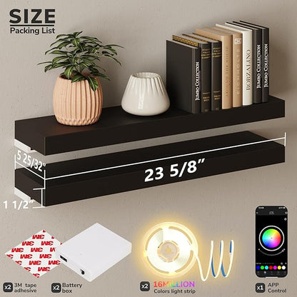 BAMEOS Floating Shelves with LED for Wall, Sturdy Shelves with RGB Light, Wall Mounted Display Shelves, Set of 2, Hanging Shelf for Bathroom, Bedroom, Kitchen, Living Room Storage, Black