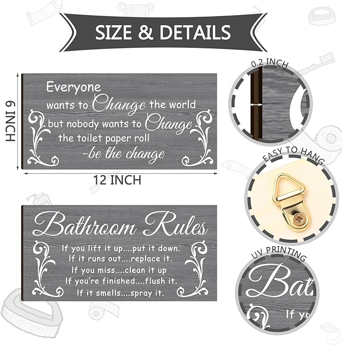 Jetec 2 Pieces Funny Bathroom Signs Bathroom Wall Decor Toilet Wall Accessories Farmhouse Toilet Rustic Wooden Signs, 12x6 Inch(Elegant Style)