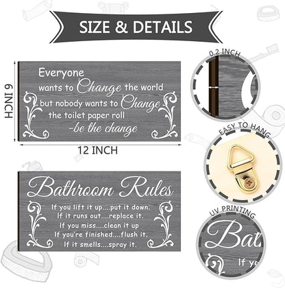 Jetec 2 Pieces Funny Bathroom Signs Bathroom Wall Decor Toilet Wall Accessories Farmhouse Toilet Rustic Wooden Signs, 12x6 Inch(Elegant Style)