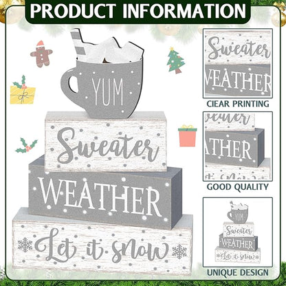 Marsui 4 Pcs Winter Christmas Wooden Tabletop Decor Rustic Wooden Hot Cocoa Block Sign Gift Farmhouse Xmas Tiered Tray Decor Let It Snow Table Centerpiece Winter Decorations for Home Office Desk Shelf