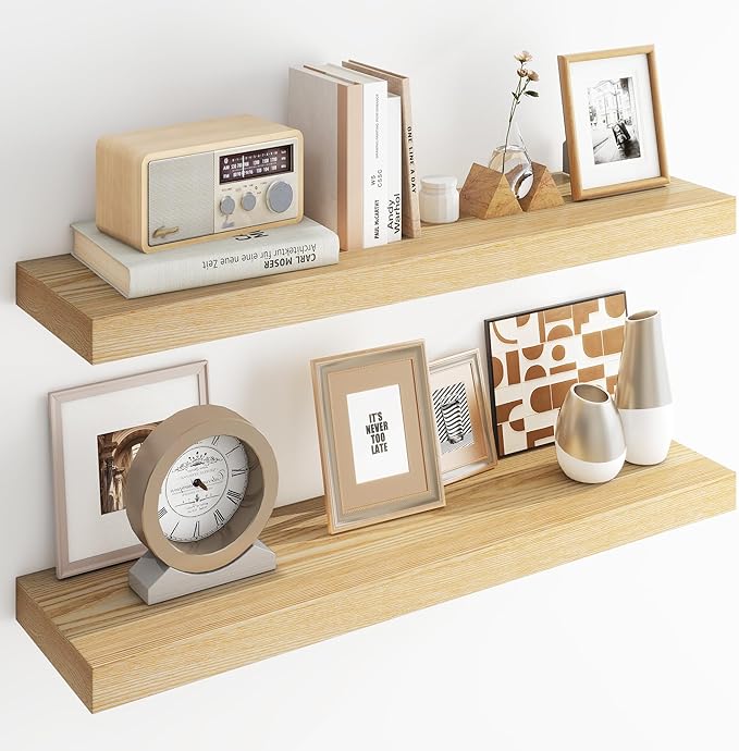 RICHFOCUS Floating Shelves for Wall | 36W x 9.3D Rustic Floating Shelves with Solid Ash Wood Veneer Set of 2 | Wood Wall Shelves with Upgraded Brackets | for Living Room Bathroom Home Office