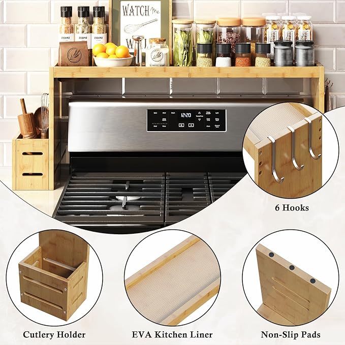 Bamboo Stove Shelf, Spice Shelf for Kitchen Stove, 31in Over the Stove Shelf, Stove Top Shelf for Back of Stove with EVA Kitchen Liner, Utensil Holder & 6 Hooks, for Over Stove