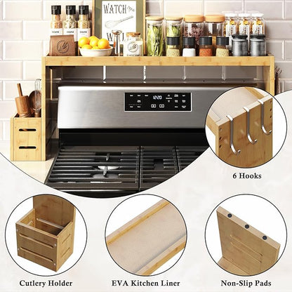 Bamboo Stove Shelf, Spice Shelf for Kitchen Stove, 31in Over the Stove Shelf, Stove Top Shelf for Back of Stove with EVA Kitchen Liner, Utensil Holder & 6 Hooks, for Over Stove